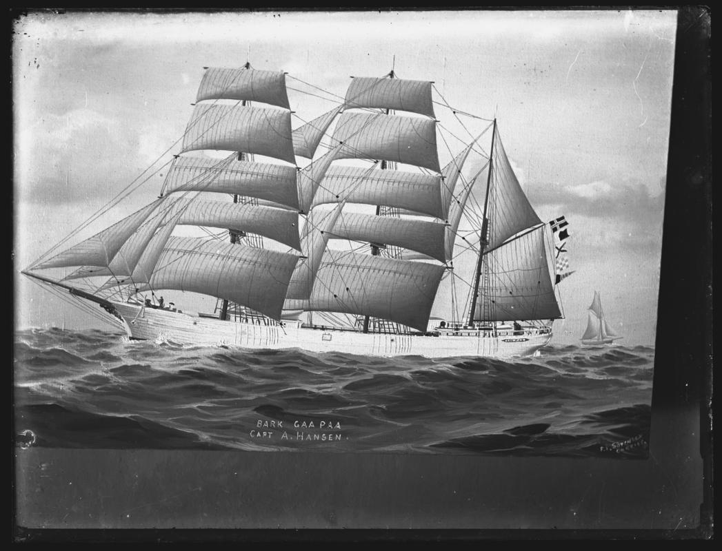 Photograph of a painting showing a port broadside view of the three-masted barque GAA PAA.  Title of painting - BARK GAA PAA. CAPT A.HANSEN.