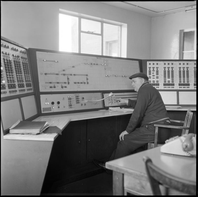Black and white film negative showing a control room, Lady Windsor Colliery.