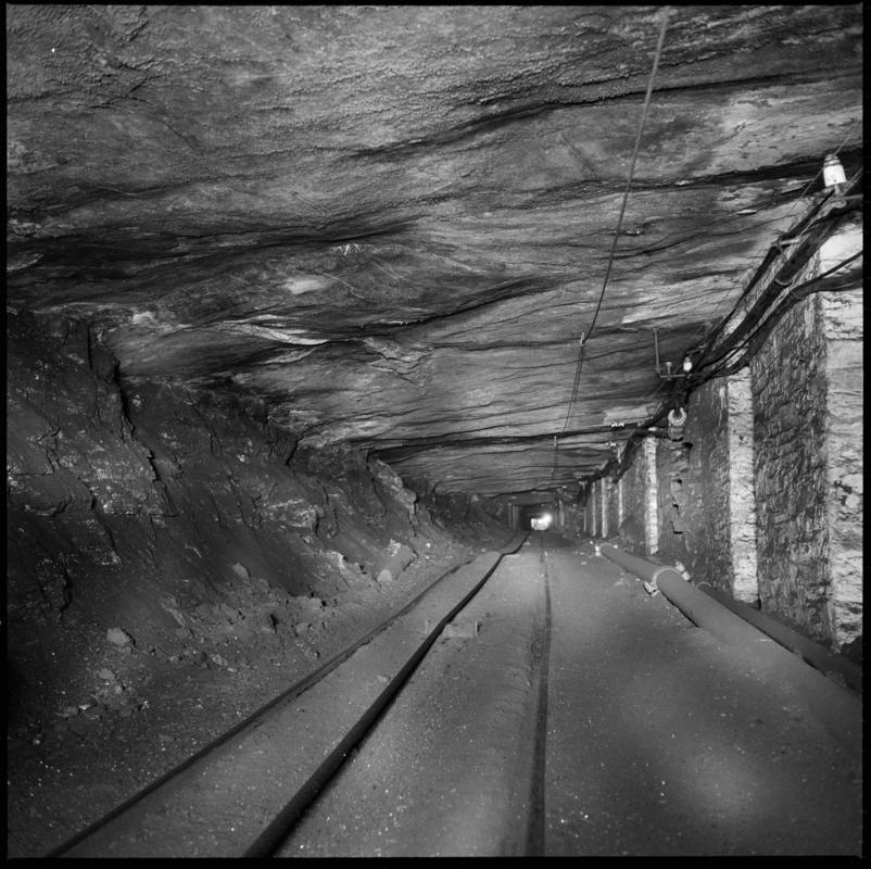 Black and white film negative showing an underground view of Graig Merthyr Colliery.  'Graig Merthyr' is transcribed from original negative bag.