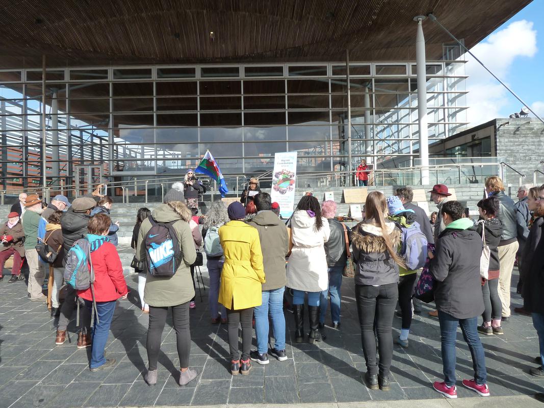 One Day Without Us migrants rally outside the Senedd on 17 February 2018.
