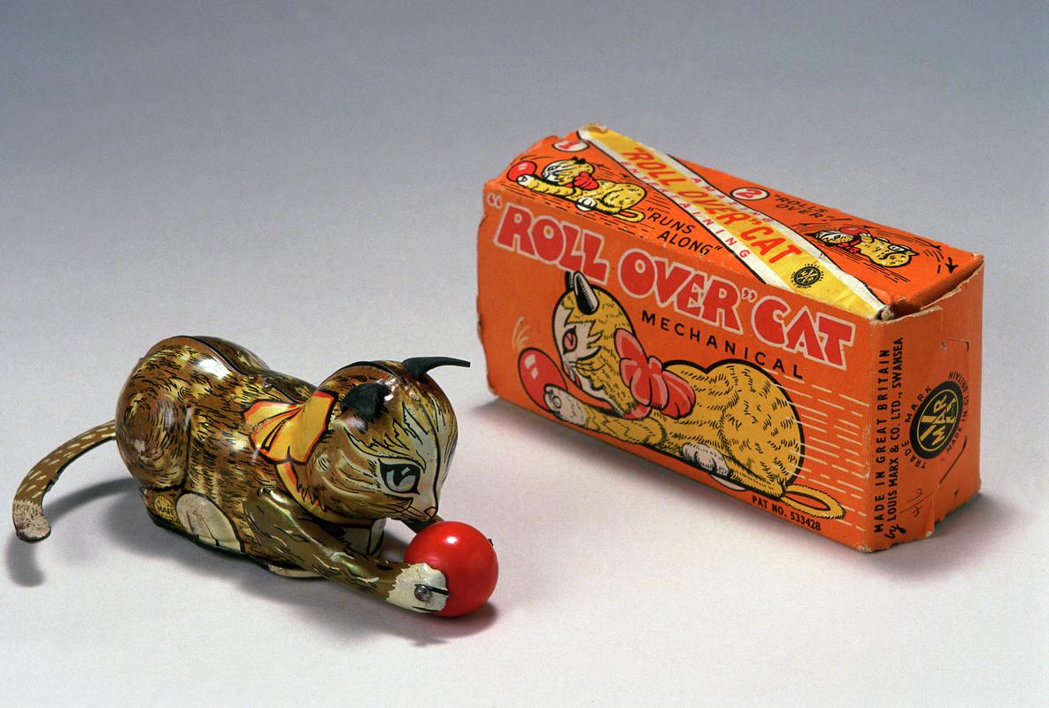 Clockwork tinplate "Roll Over Cat" with plastic ball manufactured by Louis Marx & Co Ltd. at Swansea