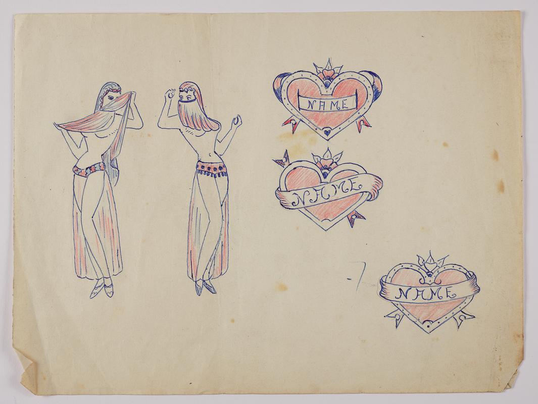 Tattoo flash: two female belly-dancers and three hearts.