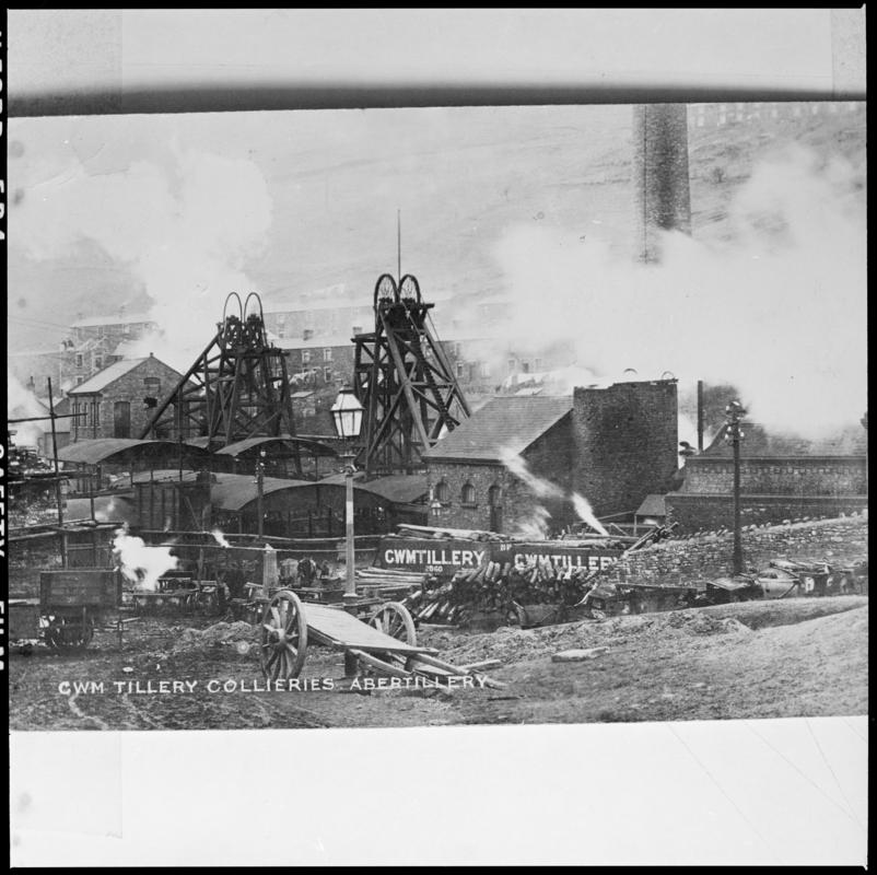 Black and white film negative of a photograph showing a surface view of Cwmtillery Colliery.  'Cwmtillery' is transcribed from original negative bag.  Appears to be identical to 2009.3/2158.