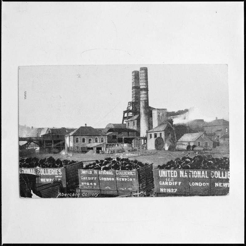 Black and white film negative of a photograph showing a surface view of Prince of Wales Colliery, Abercarn.  'Prince of Wales Abercarn' is transcribed from original negative bag.