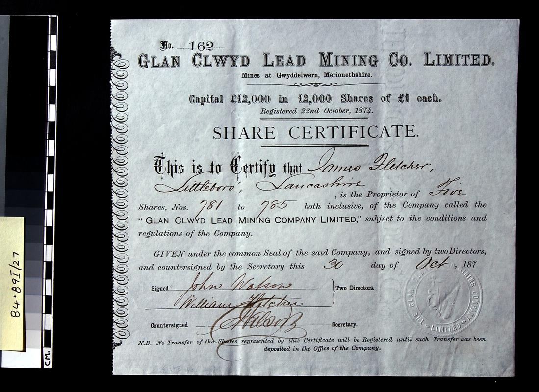 Glan Clwyd Lead Mining Co. Ltd. share certificate
