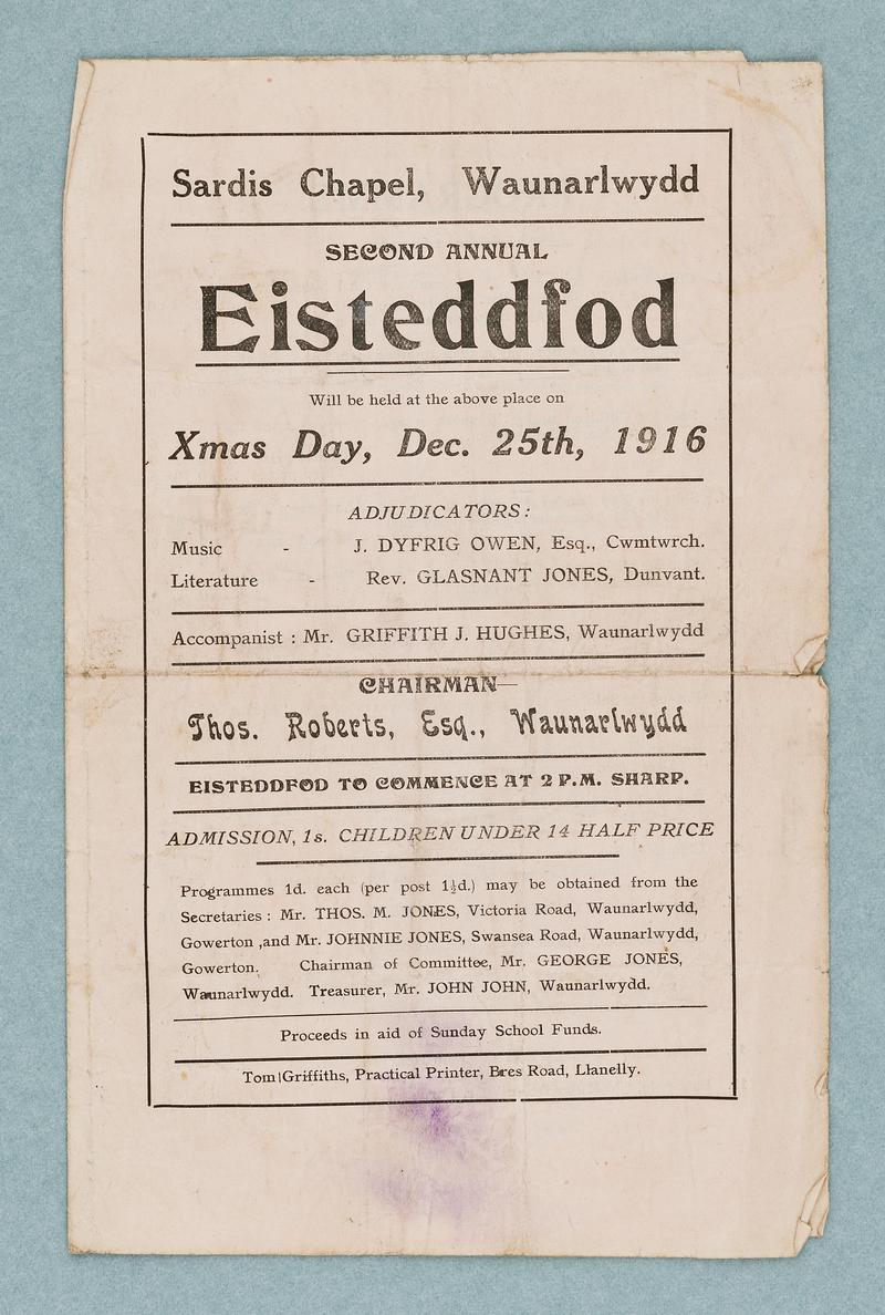 Programme of the second annual Sardis Chapel Eisteddfod