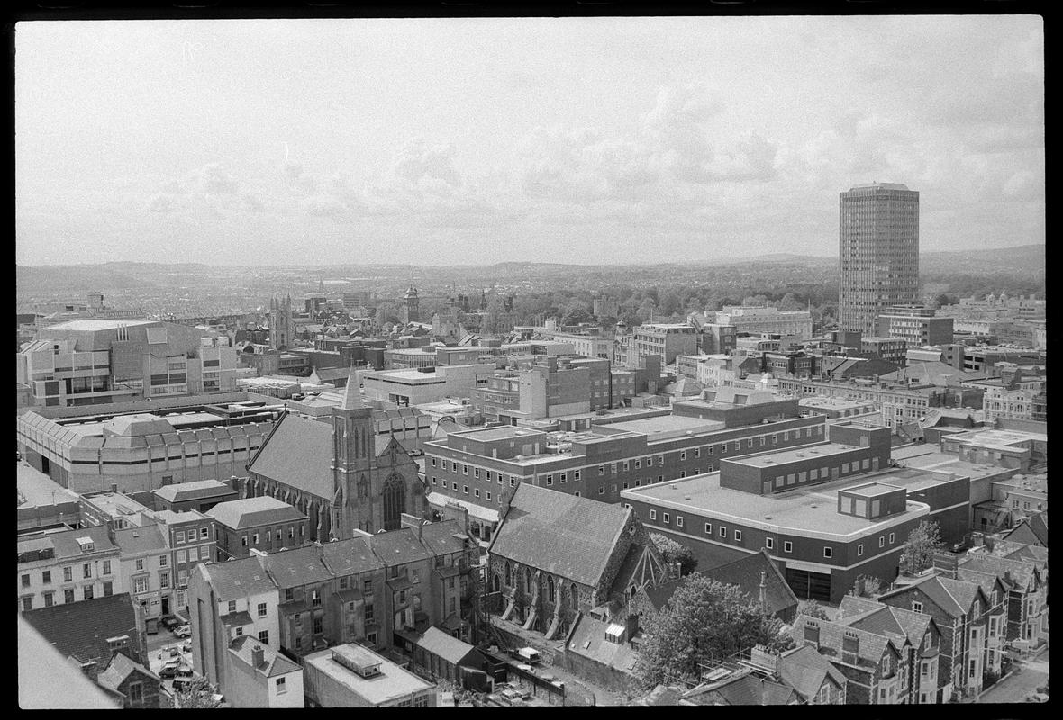 View from top of building on Churchill Way, looking down at St. David's Cathedral.