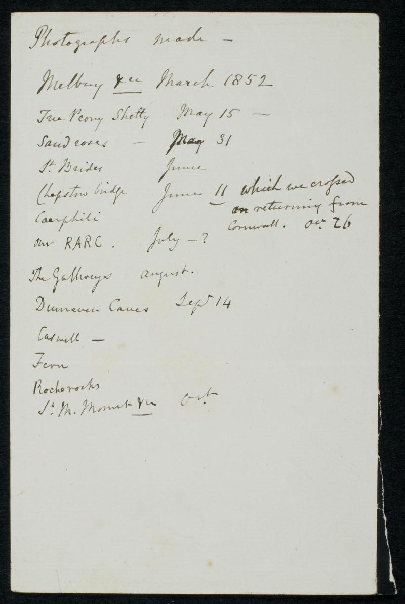 List of photographs made. Dated March - Oct 1852