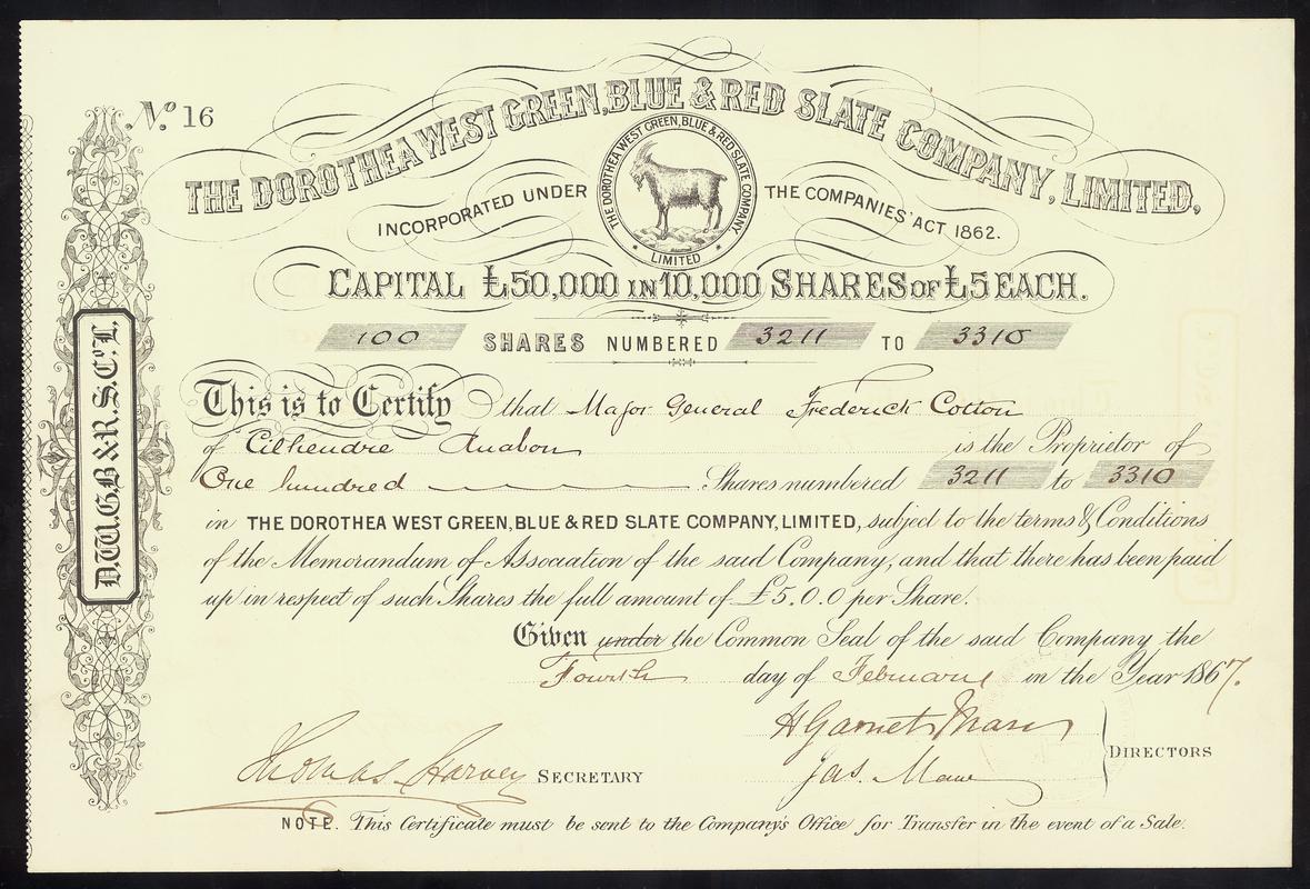 Dorothea West Green, Blue & Red Slate Co. Ltd, share certificate
