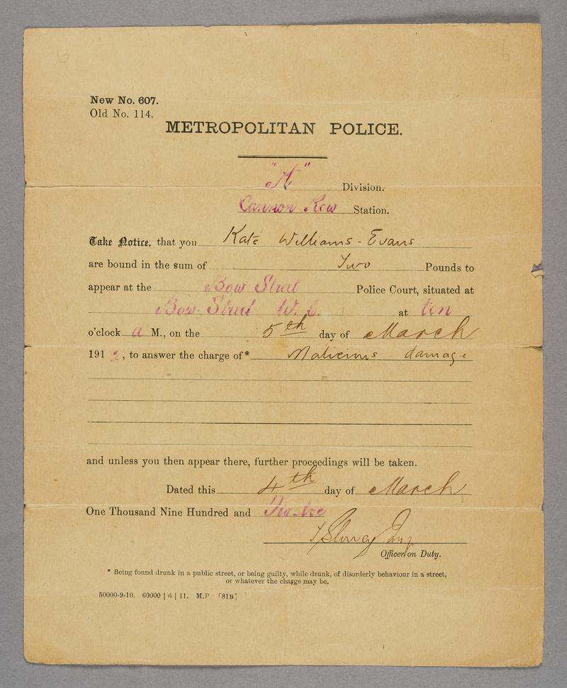 Metropolitan Police summons issued to Kate Williams Evans, March 4th 1912 to answer a charge of malicious damage