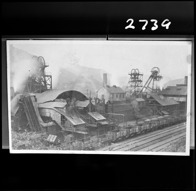 Black and white film negative of a photograph showing the Hetty Shaft, No. 3 shaft and No. 2 shaft, Great Western Colliery c.1910.  'Great Western Pontypridd' is transcribed from original negative bag.