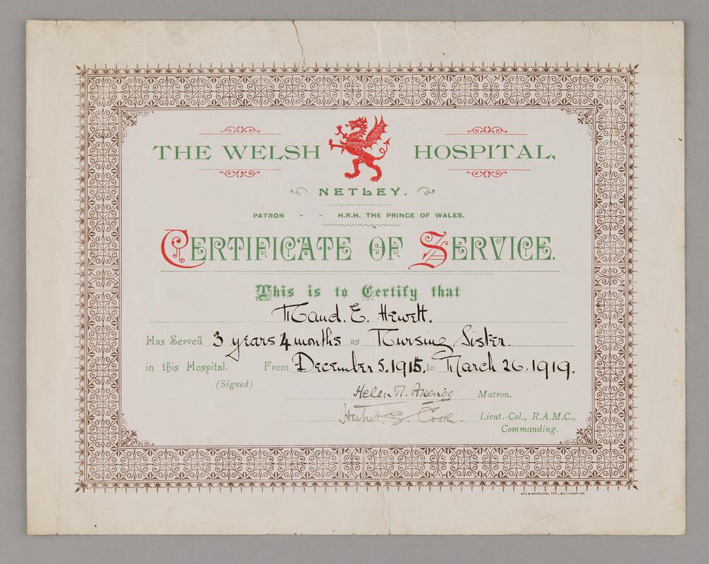 Welsh Hospital Southampton certificate of service