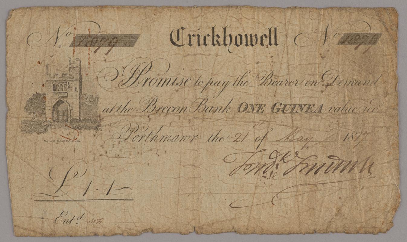 Brecon Bank, Crickhowell, one guinea bank note, 1817