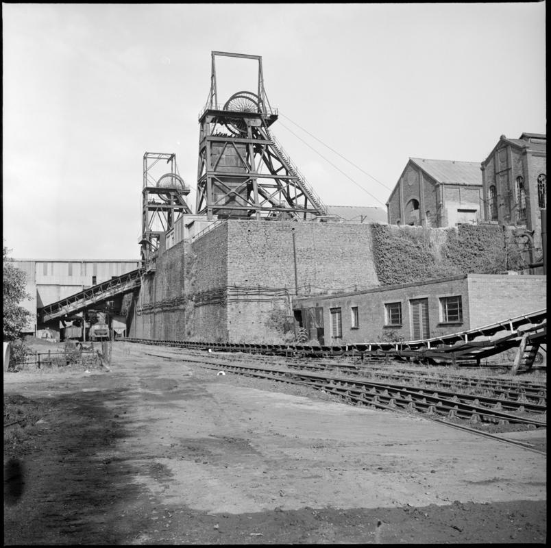 Black and white film negative showing a surface a view of Celynen North Colliery, 11 October 1975.  'Celynen North 11 Oct 1975' is transcribed from original negative bag.