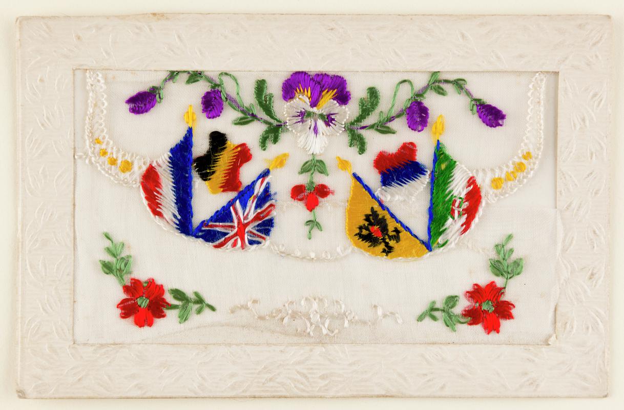 Embroidered card with images of Allied flags
