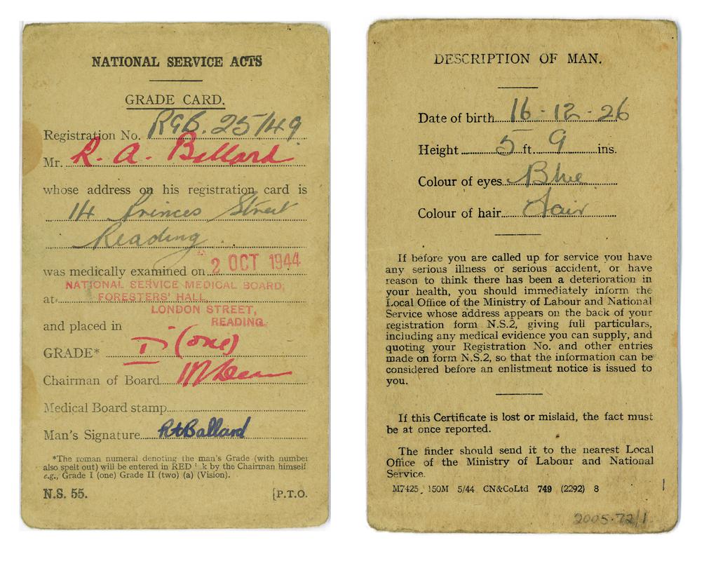 Papers relating to R.A. Ballard's Bevin Boy Service (front and back)