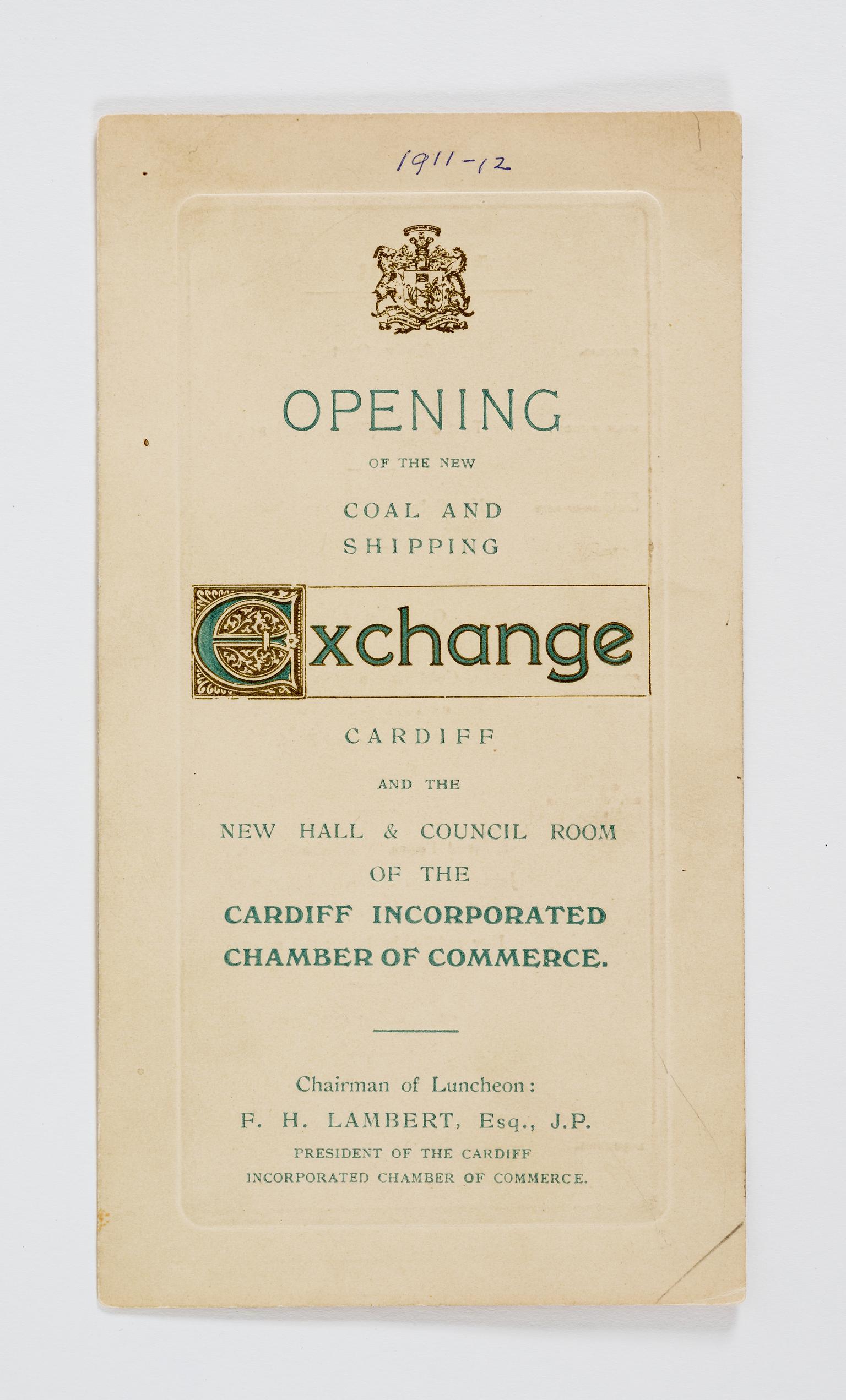 Cardiff Chamber of Commerce, menu
