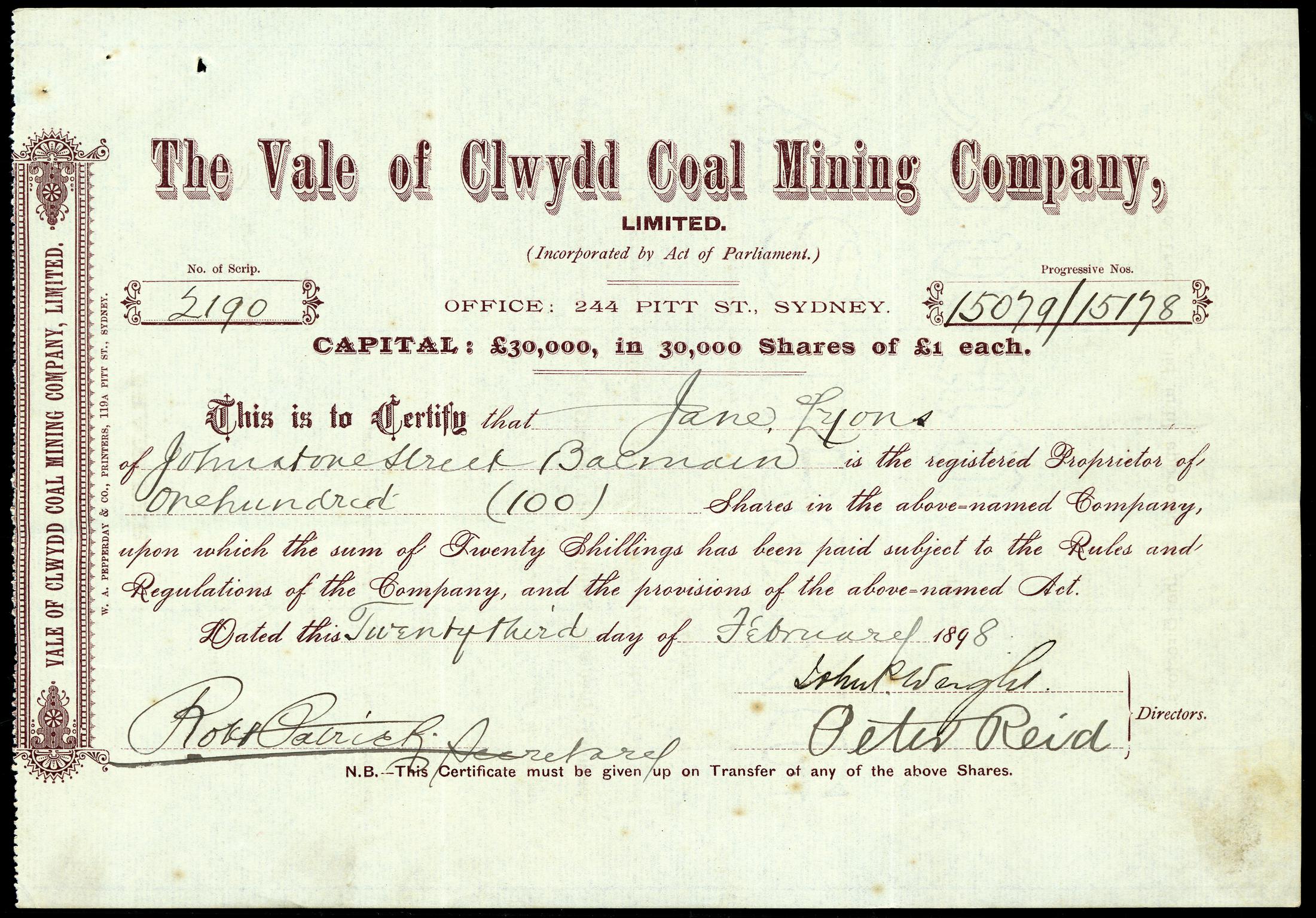 Vale of Clwydd Coal Mining Co. Ltd., share cert.