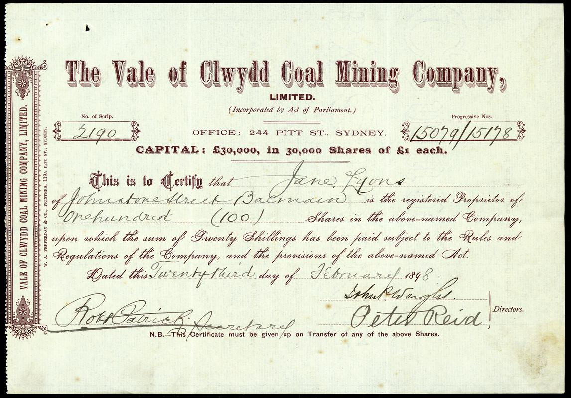 Share Certificate "The Vale of Clwydd Coal Mining Company Limited"
