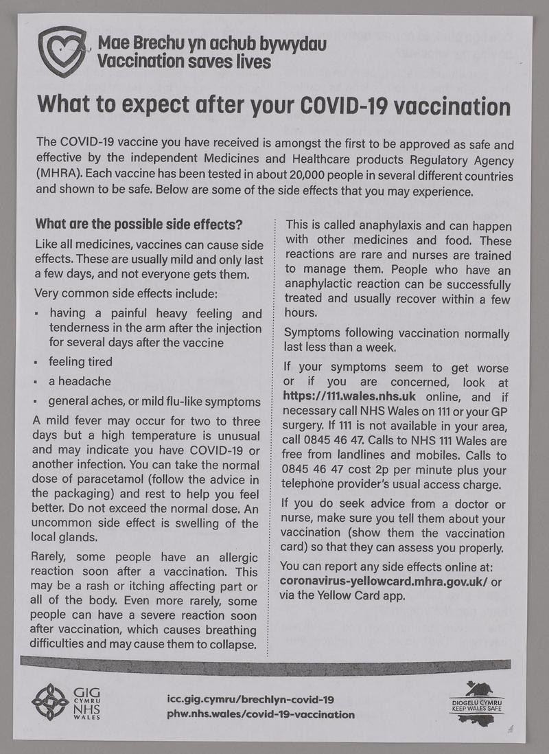 Leaflet 'What to expect after your COVID-19 vaccination'.
