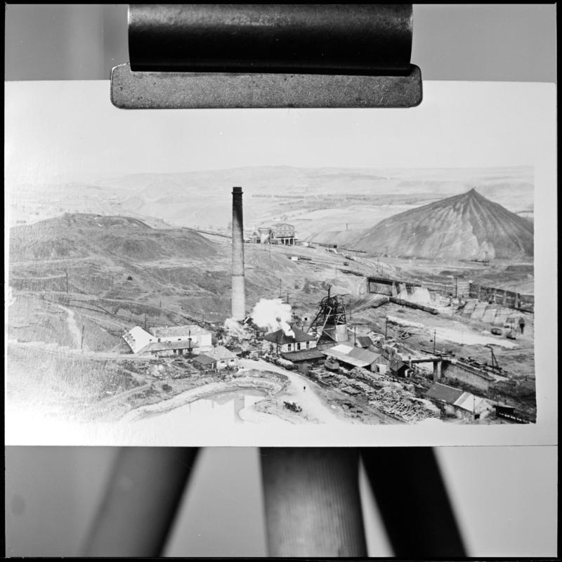 Black and white film negative of a photograph showing a surface view of Big Pit, 1951.  'Big Pit 1951' is transcribed from original negative bag.