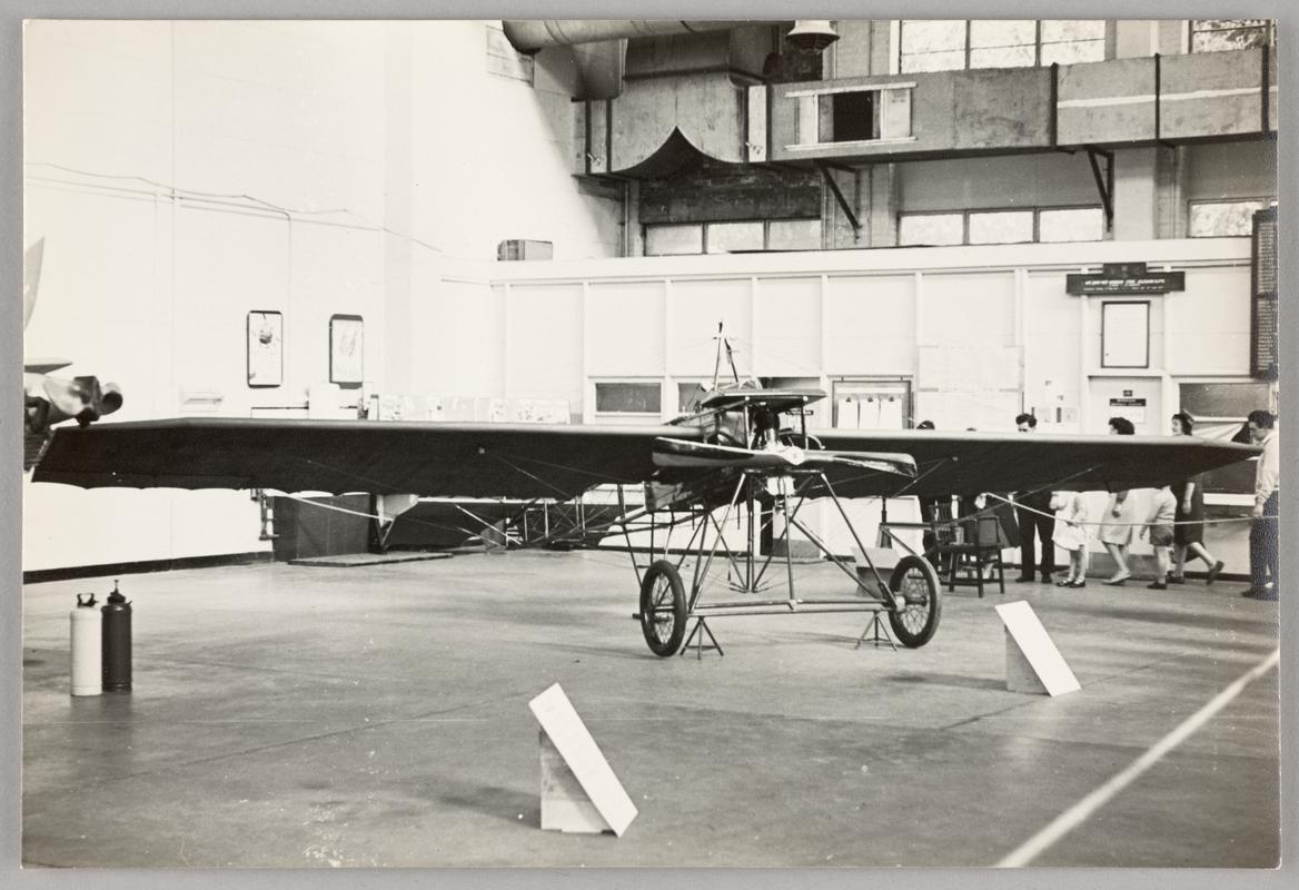 View of Watkins aeroplane on display at unknown location.