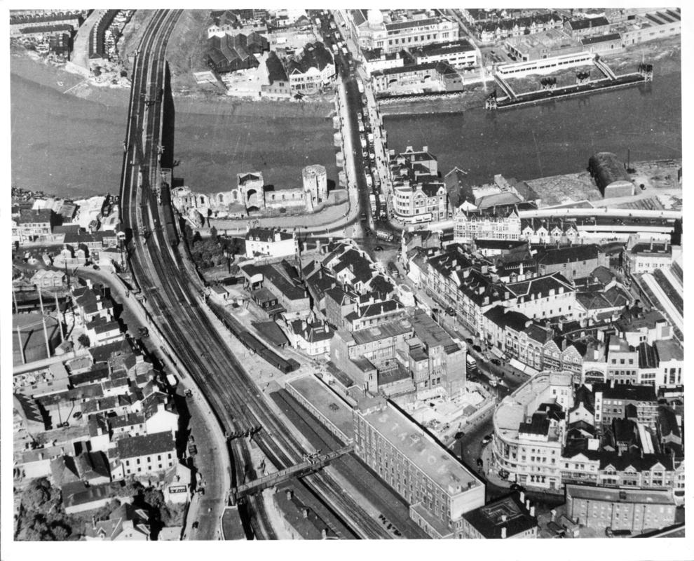 Aerial view of the centre of Newport showing Davies Brothers London Wharf.