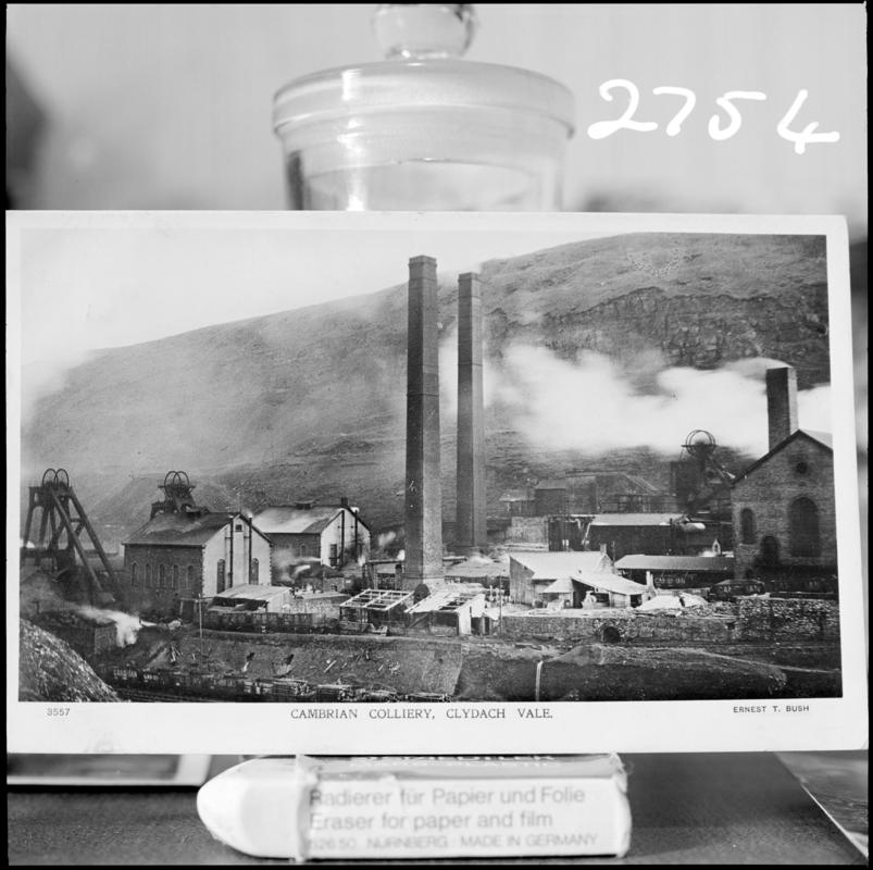 Black and white film negative of a photograph showing a surface view of Cambrian Colliery.