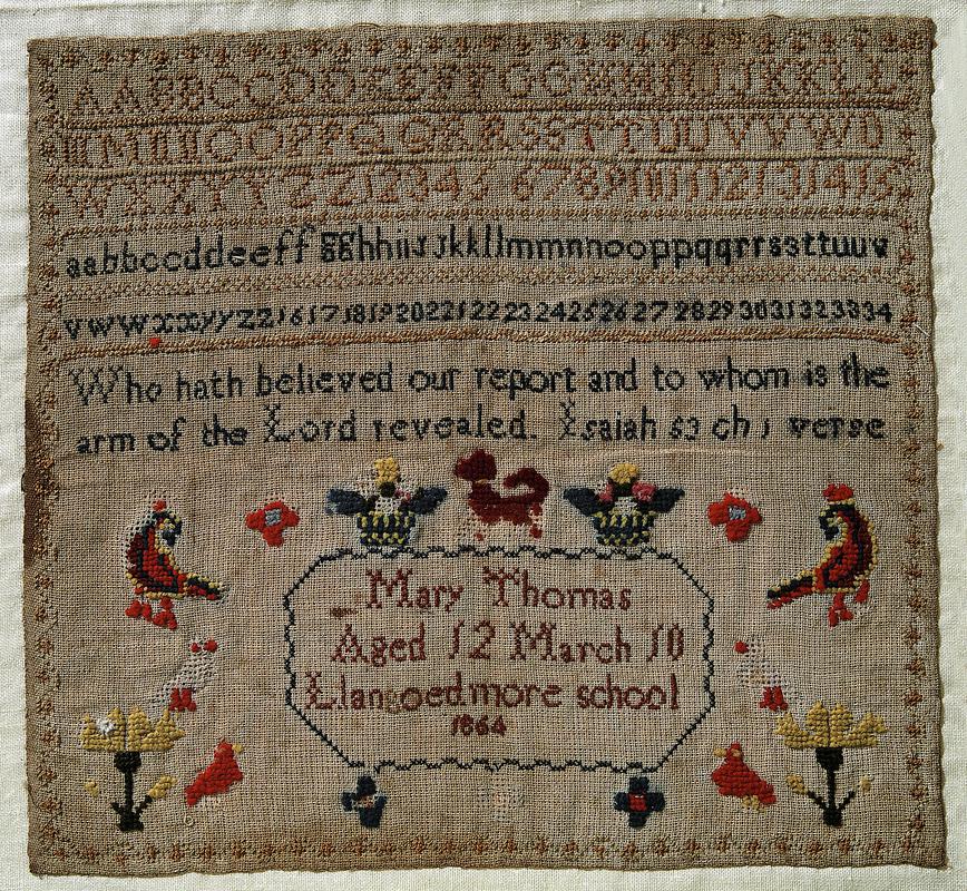 Sampler, made in Llangoedmor, 1864