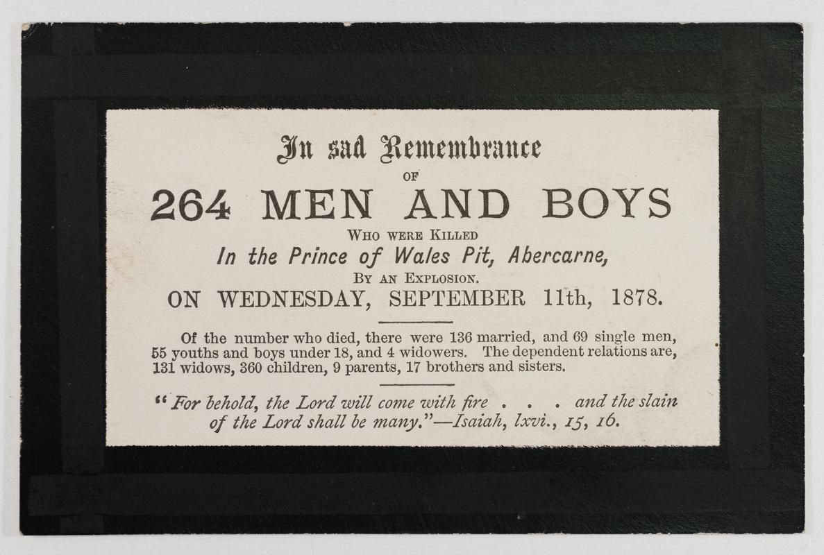 Memorial card commemorating the Prince of Wales pit disaster, Abercarn, 1878