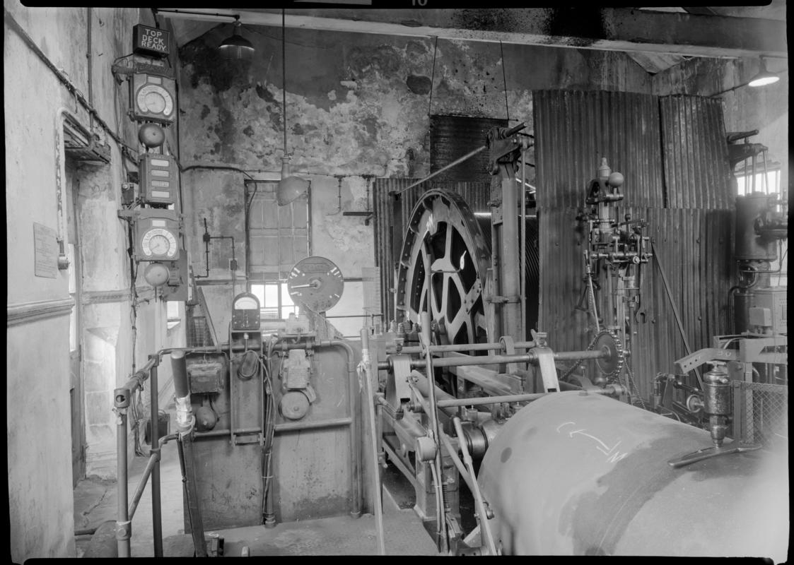 Black and white film negative showing a steam winder which was built by Leighs of Patricroft in the 1870s.  Image was taken 11 July 1976.  'Fernhill 11 July 1976' is transcribed from original negative bag.