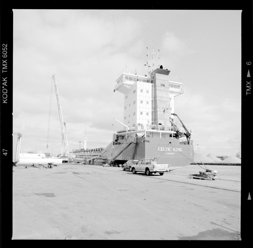 Port stern view of the mv CELTIC KING at her berth, unloading roof trusses for Cardiff's Millenium Stadium