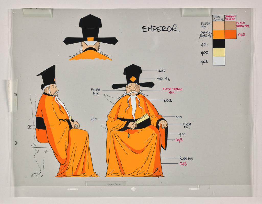 Turandot animation production artwork showing the character Emperor Altoum and a colour chart. Two sheets of cellulose acetate.