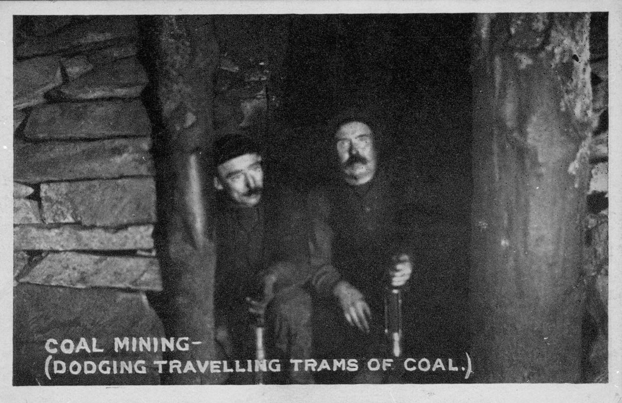 Postcard : "Coal Mining - (Dodging Travelling Trams Of Coal)"