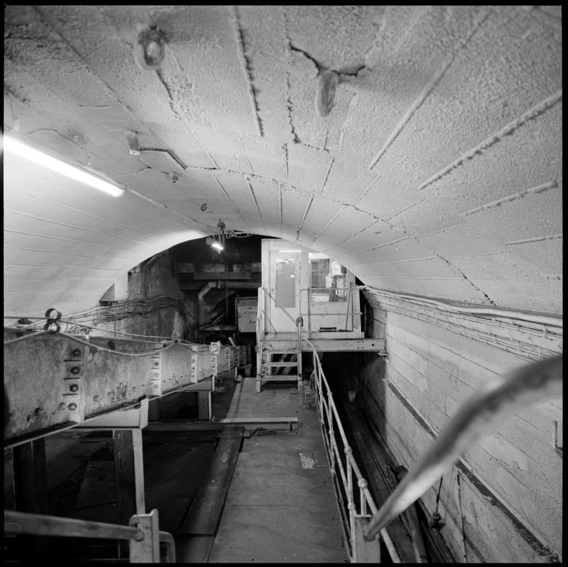 Black and white film negative showing the reconstructed pit bottom at Lady Windsor Colliery, August 1980.  'Lady Windsor Aug 1980' is transcribed from original negative bag.