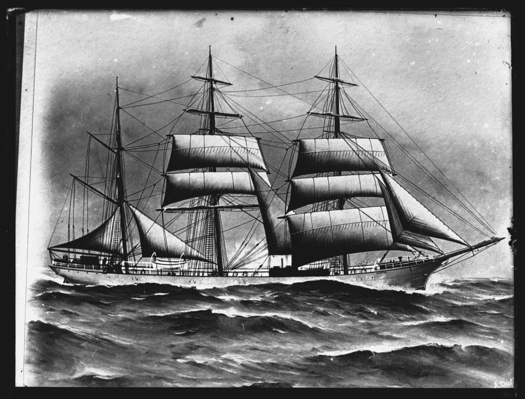 Photograph of a painting showing a starboard broadside view of the three-masted barque LOCOTRA.