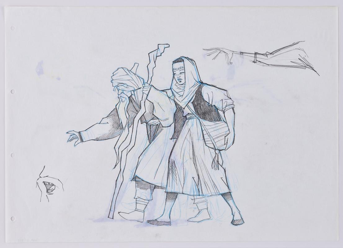 Turandot animation production sketch of the characters Timur and Liu.