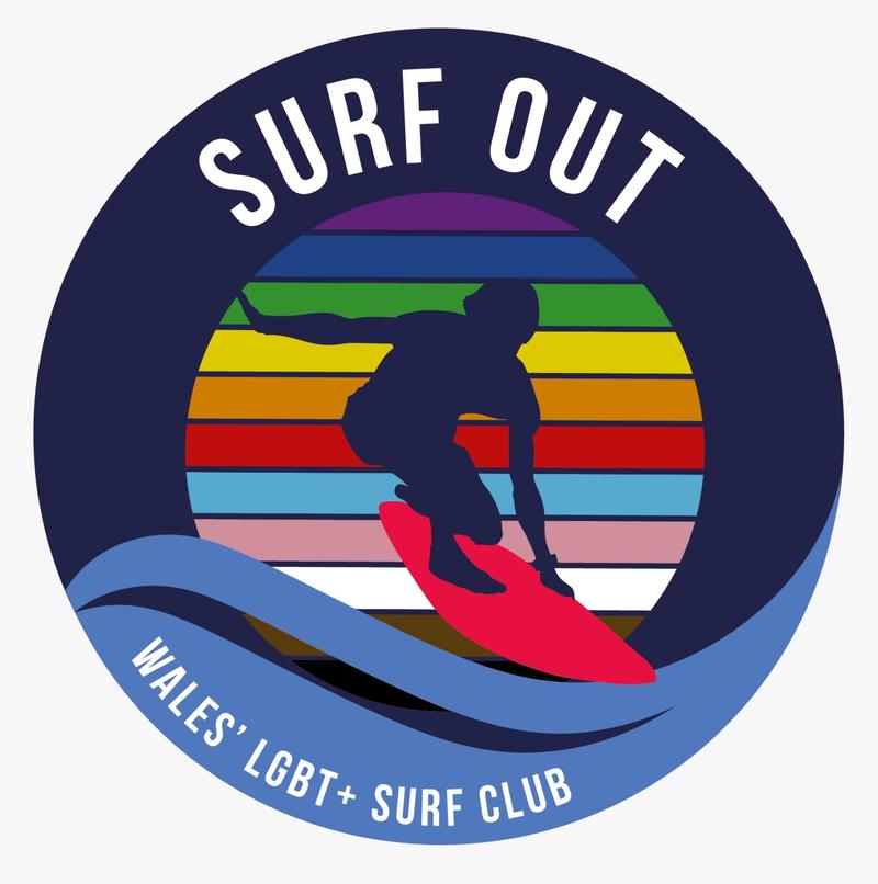 Digital logo created for 'Surf Out'. Karma Seas, a surf club based in Porthcawl, launched the UK’s first LGBT+ surf club, ‘Surf Out’, in September 2020.