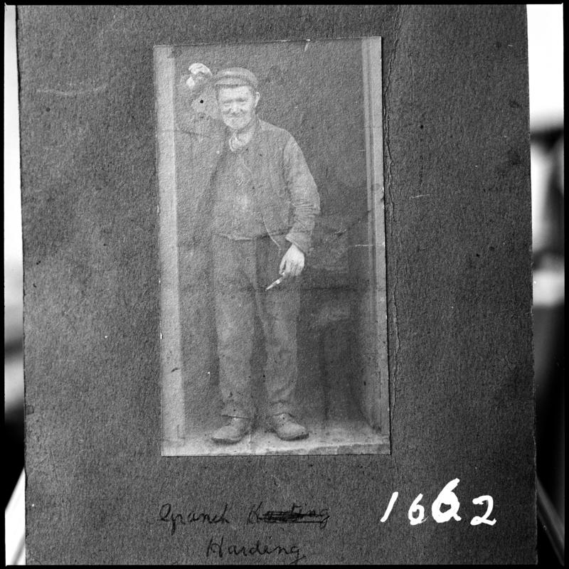 Black and white film negative showing a photograph of a man named 'Granch Harding', ?Treharris.