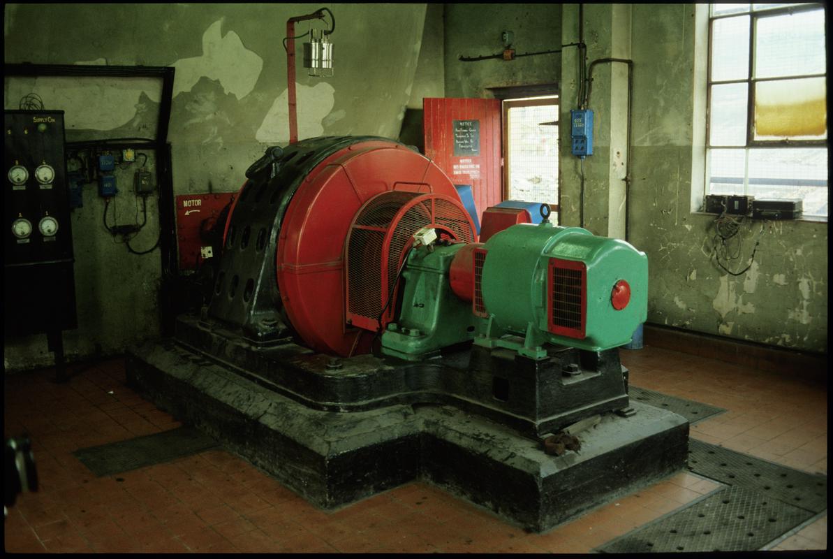 Colour film slide showing the main ventilation fan drive, Coegnant Colliery, 25 November 1981.