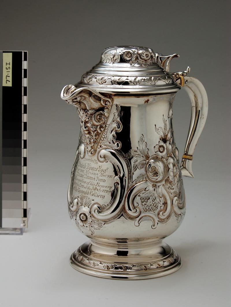 Silver Ewer, 'Presented to David Evans Esq out of the Mansion House Welsh Miners' fund in Recognition of his Bravery in Saving Life at the Inundation of the Tynewydd Colliery 1877'