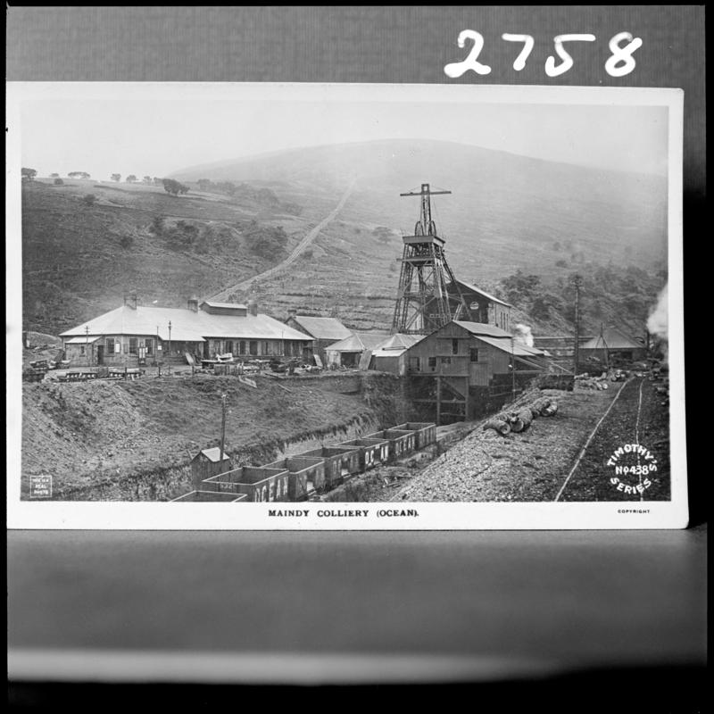 Black and white film negative of a photograph showing a surface view of Maindy Colliery.