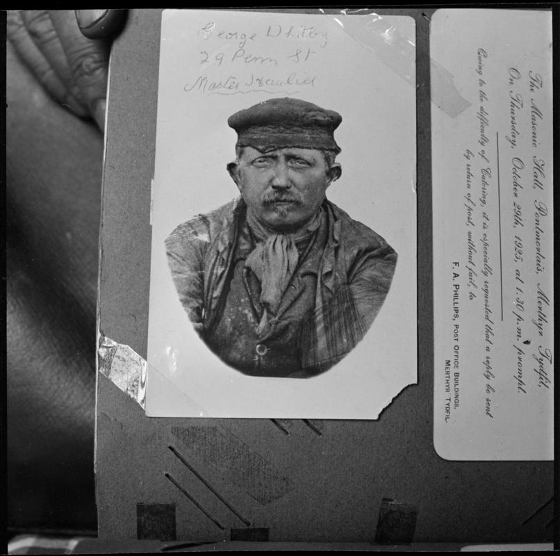 Black and white film negative of a photograph showing 'George Whitby, Master Haulier', Deep Navigation Colliery.  'Deep Navigation' is transcribed from original negative bag.