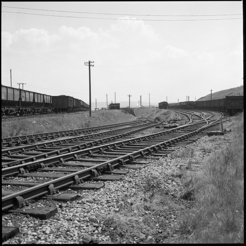 Black and white film negative showing the washery sidings, Big Pit Colliery 1979.  'Washery sidings 1979' is transcribed from original negative bag.