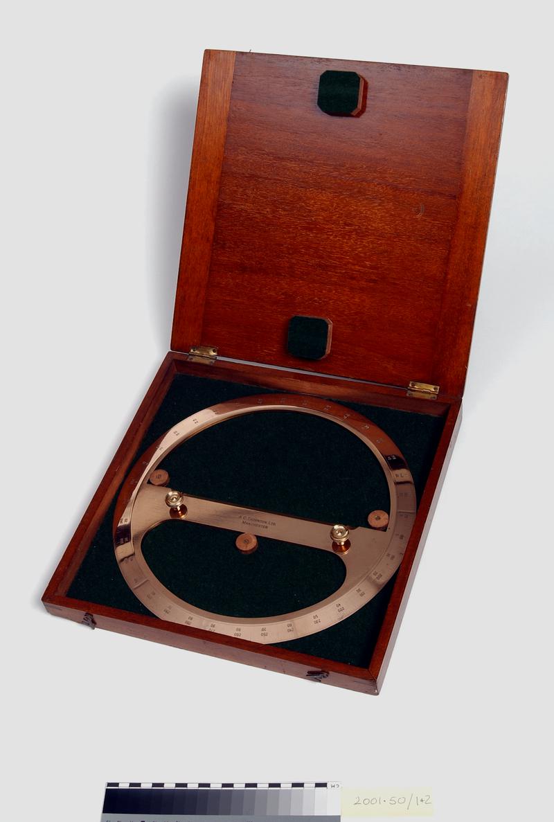 Brass circular protractor and box