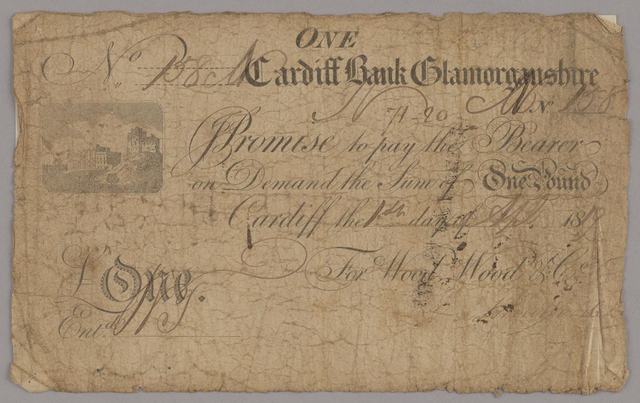 Cardiff Bank one pound bank note, 1819