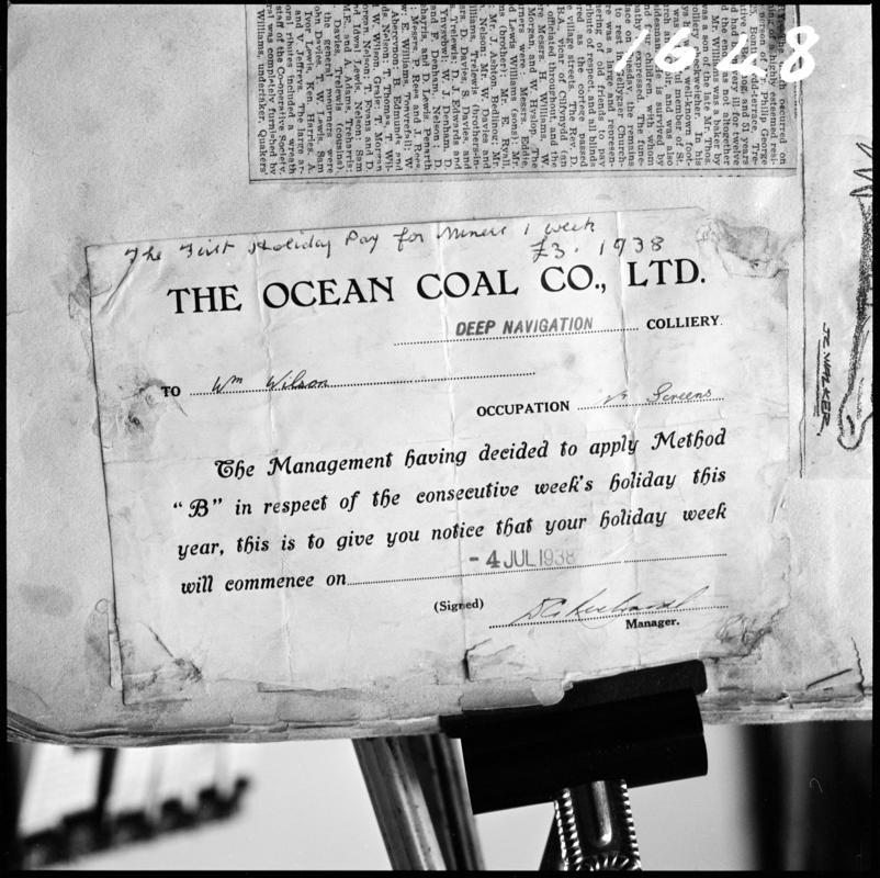 Black and white film negative showing  William Wilson's holiday notice signed by the Deep Nav Colliery manager, 4 July 1938.