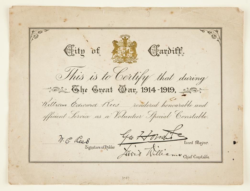 Certificate awarded by the City of Cardiff to William Edward Rees
