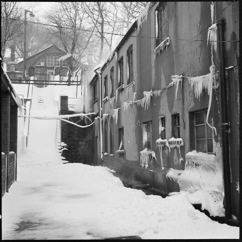 Black and white film negative showing colliery buildings, Six Bells Colliery February 1979.  'Six Bells Abertillery Feb 1979' is transcribed from original negative bag.