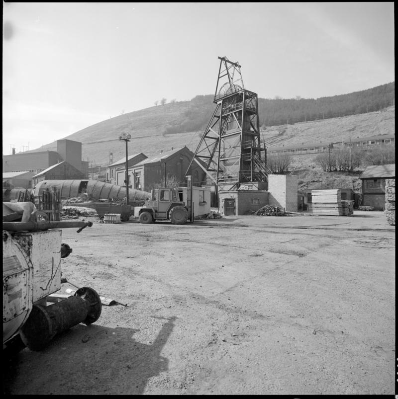 Black and white film negative showing a surface view of Cwmtillery Colliery with the baths to the left of the picture.  'Cwmtillery' is transcribed from original negative bag.